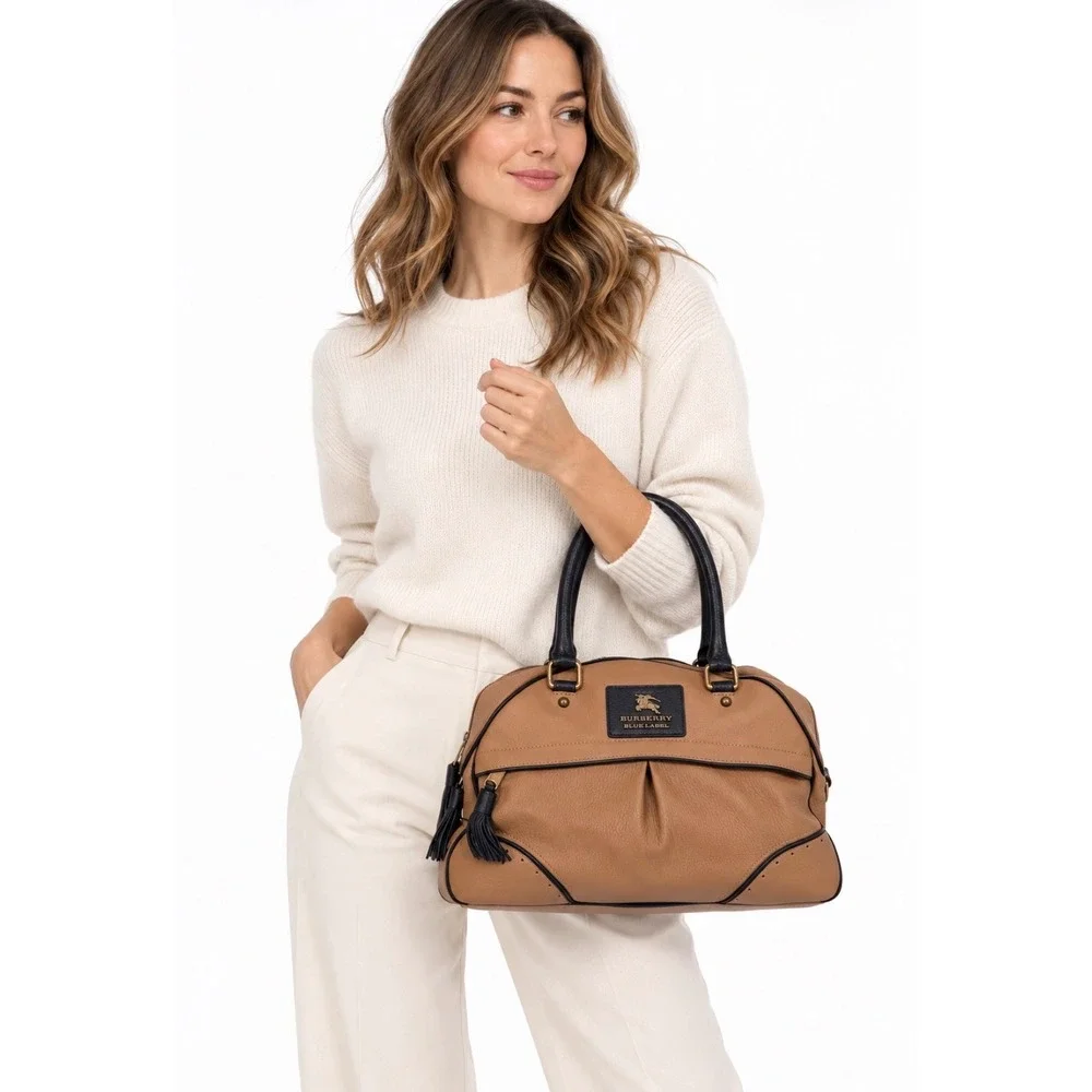 Burberry Blue Label Bowler Satchel Bag Taupe Leather Luxury Travel Work Sporty